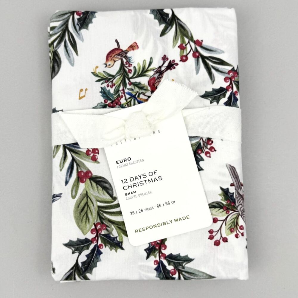 Pottery Barn 12 Days Of Christmas Euro Sham 26x26 Holiday Pillow Cover Bedding